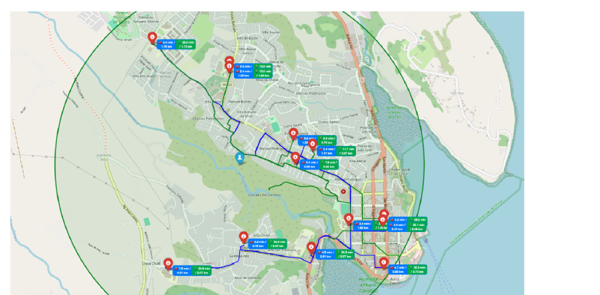 Route map for a student in Chiloé, Chile, showing walking and driving times to nearby schools within a radius.